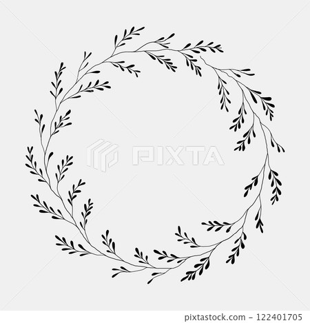 Large, intricate wreath with dense foliage in a minimalistic black and white style. 122401705