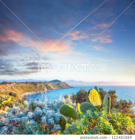Breathtaking spring view on the the cape Milazzo panorama of nature reserve. 122401884