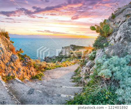 Breathtaking spring view on the the cape Milazzo panorama of nature reserve. 122401892