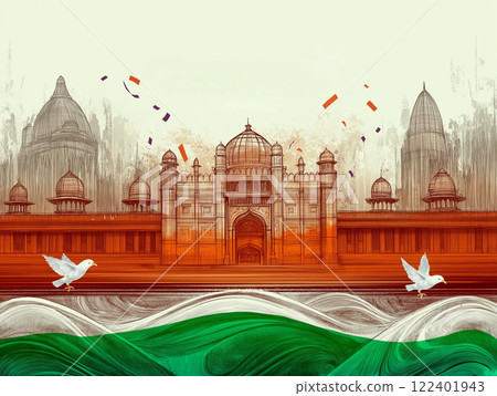 Artistic illustration of an Indian architectural landmark with tricolor theme 122401943