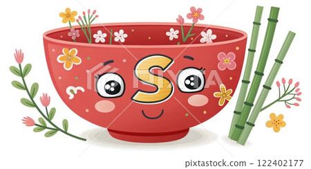 Playful S A vibrant red bowl featuring a cartoonstyle s with exaggerated features surrounded by small flowers and bamboo shoots for a cheerful look.. Playful S A vibrant red bowl featuring a cartoonstyle s with exaggerated features surrounded by small flowers and bamboo shoots for a cheerful look.. 122402177