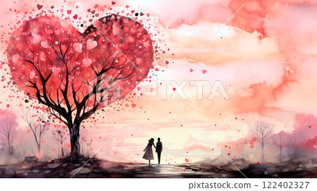 Couple in love next to each other and red hearts around them 122402327