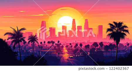 Red sunset over the city. Los Angeles skyline illustration 122402367