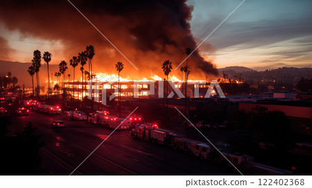 A large fire in the city at night 122402368