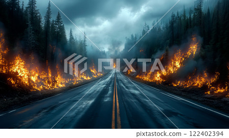 Highway with burning forest and mountains on the sides 122402394