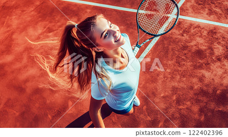 Young woman playing tennis on the tennis court 122402396