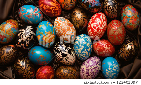 Beautiful and colorful Ester eggs background 122402397
