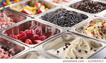 A selfserve frozen yogurt machine with options for toppings such as sprinkles chocolate chips and fresh fruit 122402413