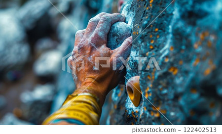 A climbers chalkcovered hands gripping onto a hold capturing the physicality and strength required for this sport 122402513