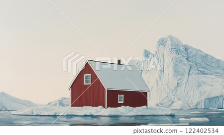 Northern landscape with snow capped mountains and small red houses 122402534