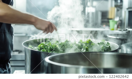 A closeup view of plantbased ingredients being mixed in a large stainlesssteel vat steam rising as the factory worker monitors the blending process for an ecofriendly food product 122402642