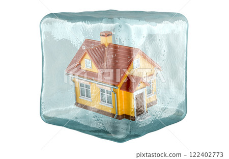 Home frozen in ice cube, 3D rendering 122402773