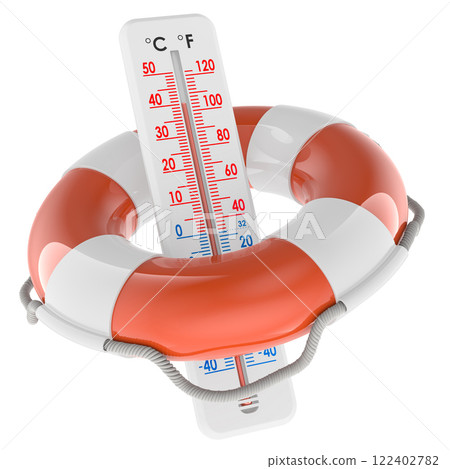 Thermometer with hight temperature inside lifebelt. Protection from heat, concept. 3D rendering 122402782
