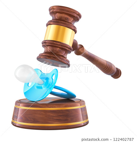 Wooden gavel with baby pacifier. Adoption, divorce of parents or custody child, concept. 3D rendering Wooden gavel with baby pacifier. Adoption, divorce of parents or custody child, concept. 3D rendering 122402787