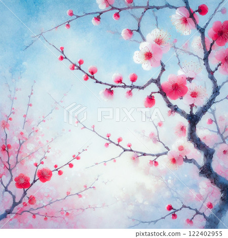 夢幻般的梅花與藍天畫水彩風格 122402955