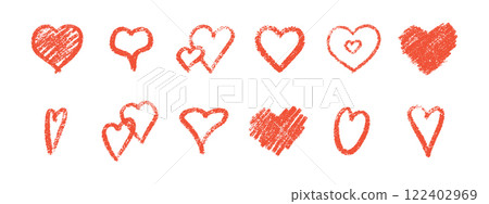 Heart collection of red crayon sketches - rough textured shapes with outlined, filled, nested patterns. Hand drawn romantic symbols in grunge style for Valentine day designs. 122402969