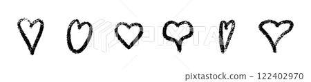 Crayon heart set of black sketched shapes with rough textured edges - grunge hand drawn love symbols in different sizes. Romantic decorative elements for valentine design. 122402970