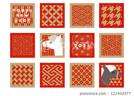 金 x 朱紅色 2026 新年賀卡向量插畫白馬豪華簡約華麗商務日式圖案 金 x 朱紅色 2026 新年賀卡向量插畫白馬豪華簡約華麗商務日式圖案 122402977