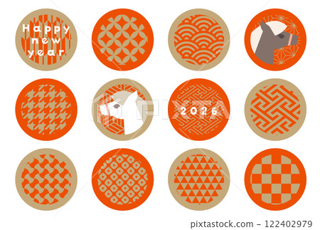 金 x 朱紅色 2026 新年賀卡向量插畫白馬豪華簡約華麗商務日式圖案 122402979