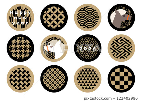 金色 x 黑色 2026 新年賀卡向量插畫白馬奢華簡約華麗商務日式圖案 122402980