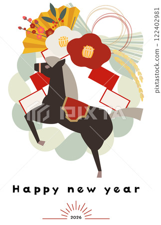 垂直馬年新年賀卡向量圖日式日式可愛簡約黑馬2026 垂直馬年新年賀卡向量圖日式日式可愛簡約黑馬2026 122402981