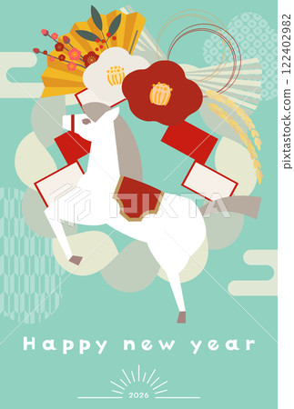 Year of the Horse New Year's card Vertical Horse 2026 Shimekazari Shimenawa Hakuba Happy New Year Illustration 122402982