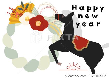 2026 年新年賀卡向量插圖與相框相框 Shimekazari 新年裝飾白色背景 122402984