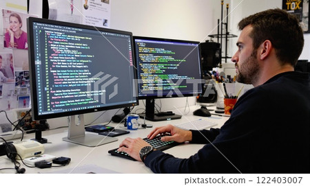 A Focused Programmer Engaged in Work with Multiple Monitors in a Modern Office Setting 122403007