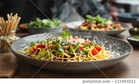 Indulge in a Delicious Pasta Dish prepared with Fresh Ingredients and Aromatic Herbs Indulge in a Delicious Pasta Dish prepared with Fresh Ingredients and Aromatic Herbs 122403021