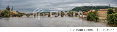 Flood in Prague. View of Charles Bridge over the flooding river Vltava, Prague Flood in Prague. View of Charles Bridge over the flooding river Vltava, Prague 122403027