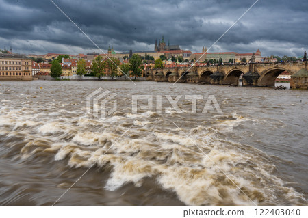 Flood in Prague. View of Prague Castle across the flooding river Vltava, Prague Flood in Prague. View of Prague Castle across the flooding river Vltava, Prague 122403040