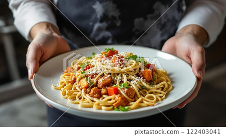 Enjoy a delicious pasta dish made with fresh ingredients and a beautiful garnish, ideal for bistros Enjoy a delicious pasta dish made with fresh ingredients and a beautiful garnish, ideal for bistros 122403041