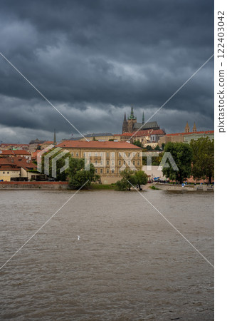 Flood in Prague. View of Prague Castle across the flooding river Vltava, Prague 122403042