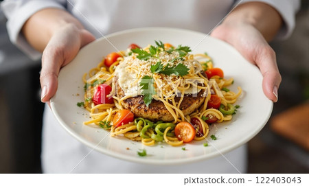 Enjoy a Delicious Pasta Dish made with Fresh Ingredients and Wholesome Herbs for Flavor Enjoy a Delicious Pasta Dish made with Fresh Ingredients and Wholesome Herbs for Flavor 122403043