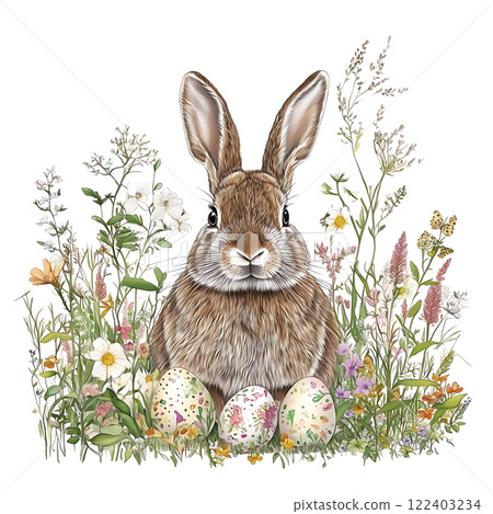 Hand-drawn Easter rabbit bunny with springtime flowers and painted eggs isolated on white background, holiday design elements Hand-drawn Easter rabbit bunny with springtime flowers and painted eggs isolated on white background, holiday design elements 122403234