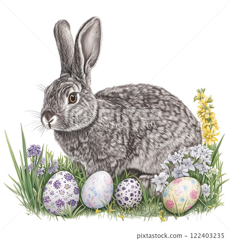 Hand-drawn Easter rabbit bunny with springtime flowers and painted eggs isolated on white background, holiday design elements 122403235