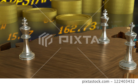 The King chess silver on world map for Business concept 3d Rendering. 122403432