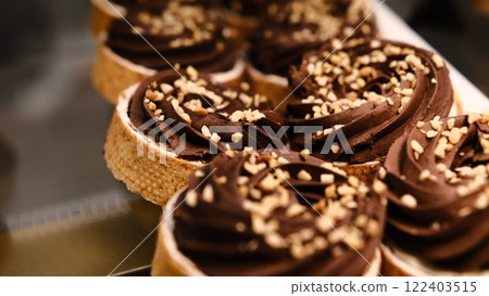 chocolate tart crushed peanut topping in buttery shortcrust pastry basket on white plate placed on counter perfect for dessert lovers indulgent treat rich texture sweet pastry close up festive 122403515