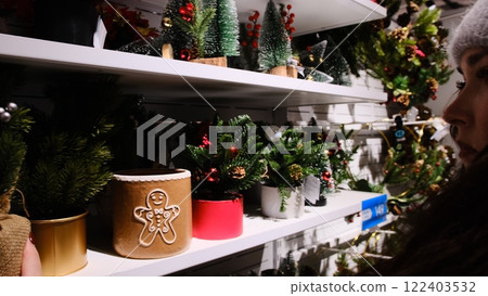 The woman selects Christmas home decor from artificial pine tree branches in pots, creating a festive and cozy holiday atmosphere. 122403532
