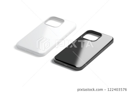 Blank black and white glossy phone case mockup, side view 122403576