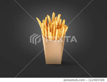 Blank craft paper pack with french fries mockup, black background Blank craft paper pack with french fries mockup, black background 122403589