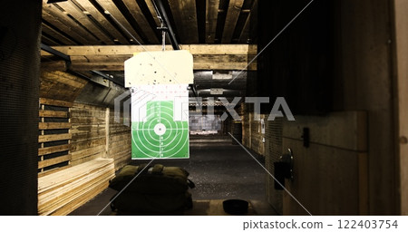 shooting range suspended green target view of a 50-meter underground range. Perfect for capturing the precision and thrill of shooting sports enthusiasts looking the depth intensity of target practice shooting range suspended green target view of a 50-meter underground range. Perfect for capturing the precision and thrill of shooting sports enthusiasts looking the depth intensity of target practice 122403754