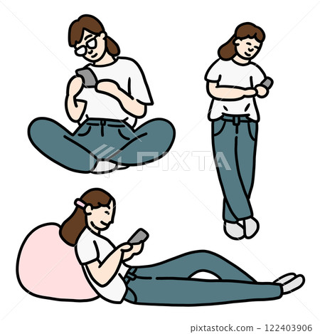 Colored line drawing of a woman looking at her smartphone 122403906