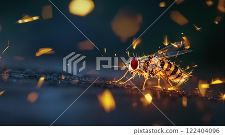 A Fascinating CloseUp View of a Fly Adorned with Sparkles Against a Dark Background 122404096