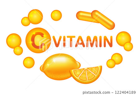 Vitamin C medical capsule pill with lemon citrus fruit, pharmacy multivitamin medicine tablet. Healthy diet food supplement with natural citric acid ingredient. Medication drug packaging sign. Vector Vitamin C medical capsule pill with lemon citrus fruit, pharmacy multivitamin medicine tablet. Healthy diet food supplement with natural citric acid ingredient. Medication drug packaging sign. Vector 122404189
