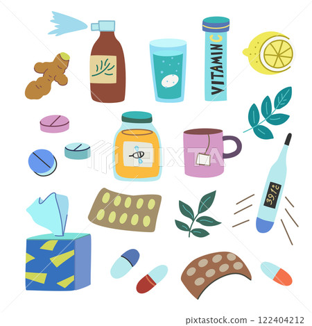 Cold and flu home remedy treatment elements. Set of vector hand-drawn colorful illustrations. 122404212