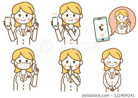 A set of illustrations of a woman in a white coat giving various guidance A set of illustrations of a woman in a white coat giving various guidance 122404241