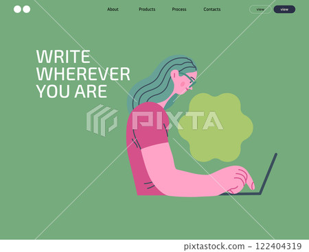 Writing people, modern flat vector concept illustration- sitting woman thoughtfully writing on laptop, bubble near head Metaphor for reflection, personal insight, contemplation, creative expression 122404319