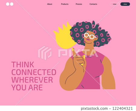 Thinking people, modern flat vector concept illustration- woman standing thoughtfully, looking upwards, bubble near head Metaphor for reflection, analysis, introspection, contemplation, deep thought 122404321