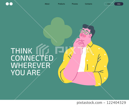 Thinking people, modern flat vector concept illustration- man standing thoughtfully, looking upwards, bubble near his head Metaphor for reflection, analysis, introspection, contemplation, deep thought 122404329